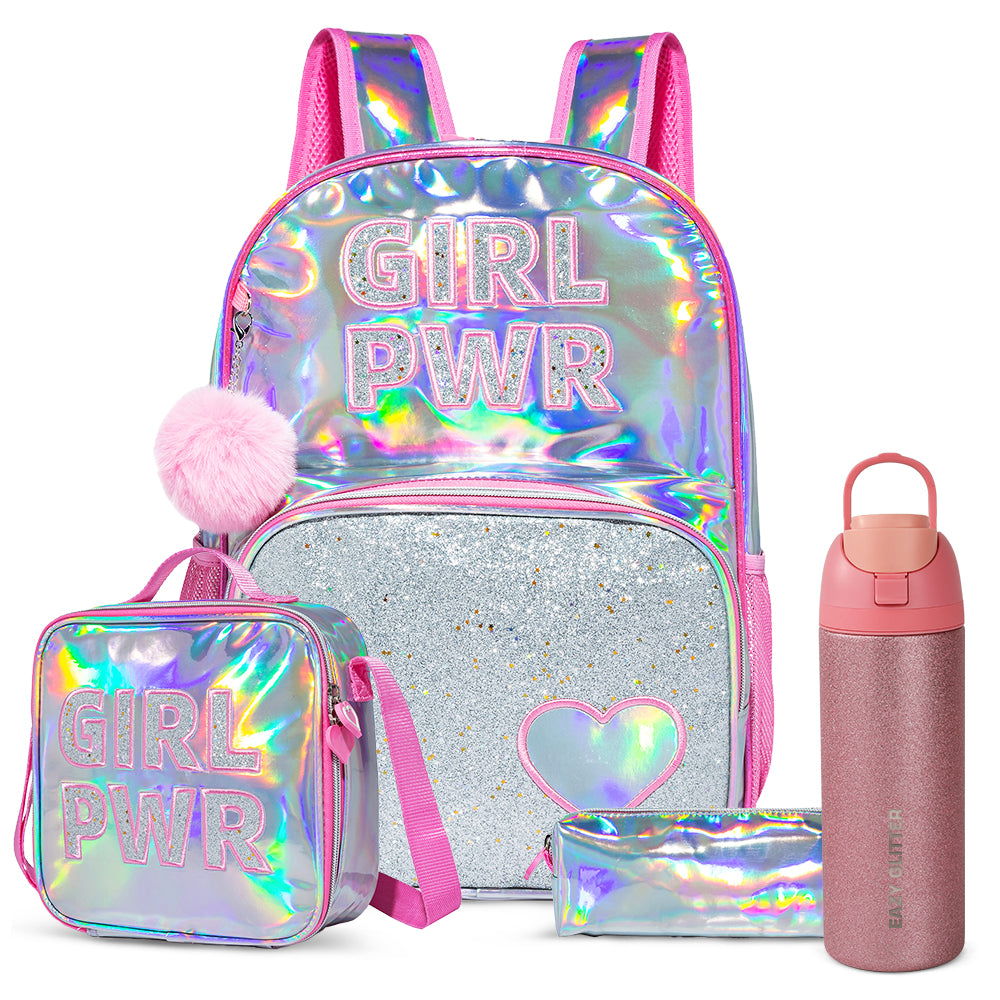 Eazy Kids Girl Power School Bag Set w/ Glitter Stainless Steel Water Bottle – Pink