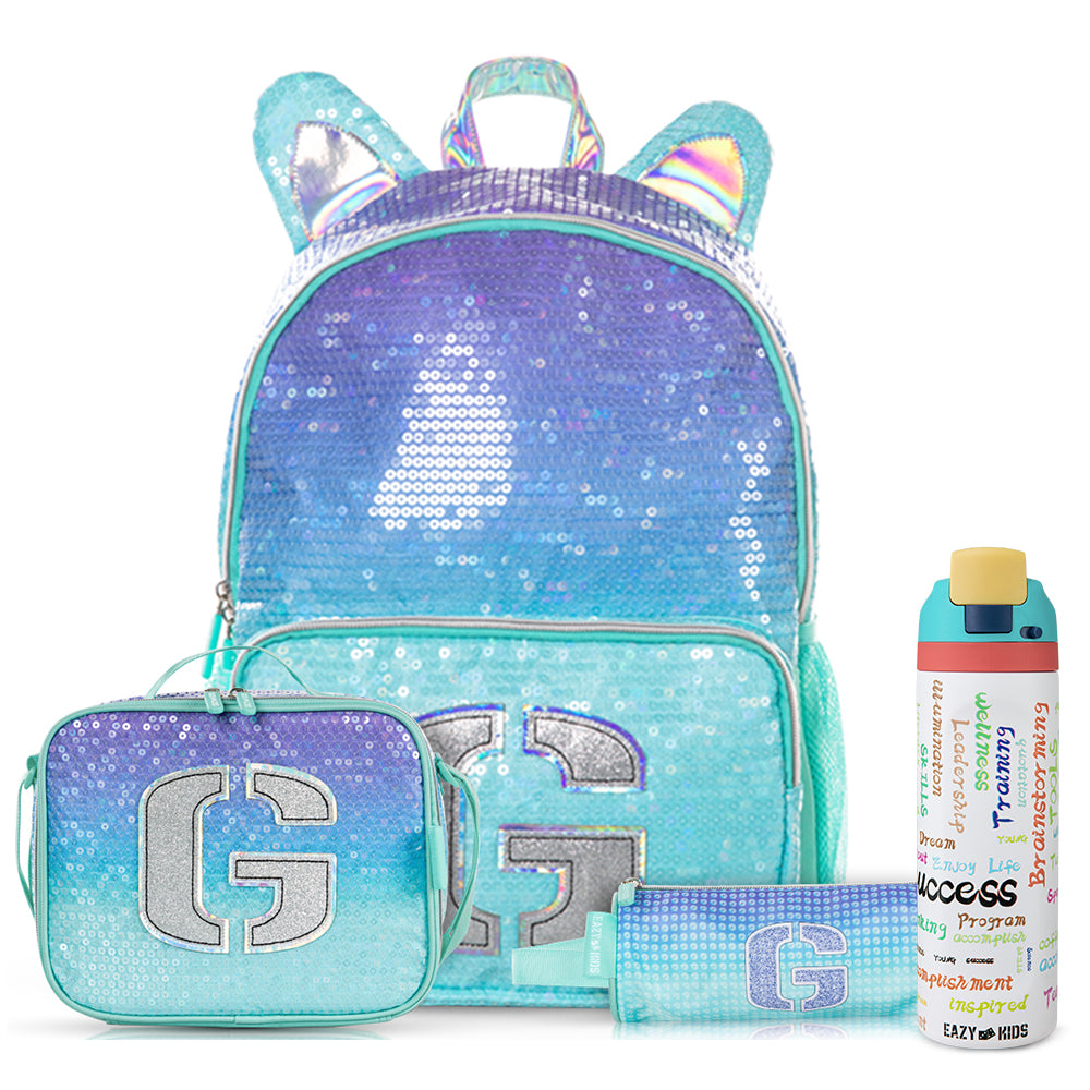 Eazy Kids Girl Glitter School Bag Set w/ Stainless Steel Water Bottle – Green