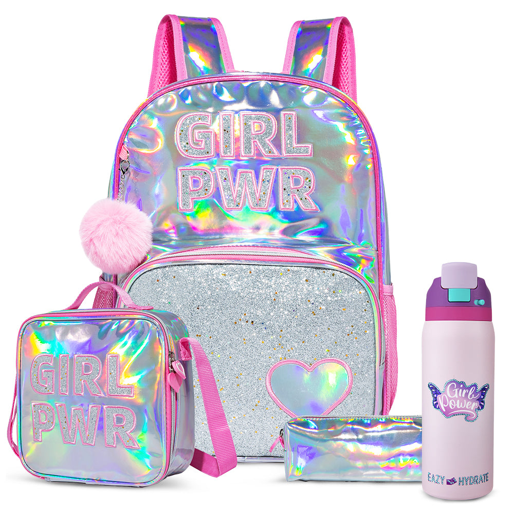 Eazy Kids Girl Power School Bag Set w/ Stainless Steel Water Bottle – Pink