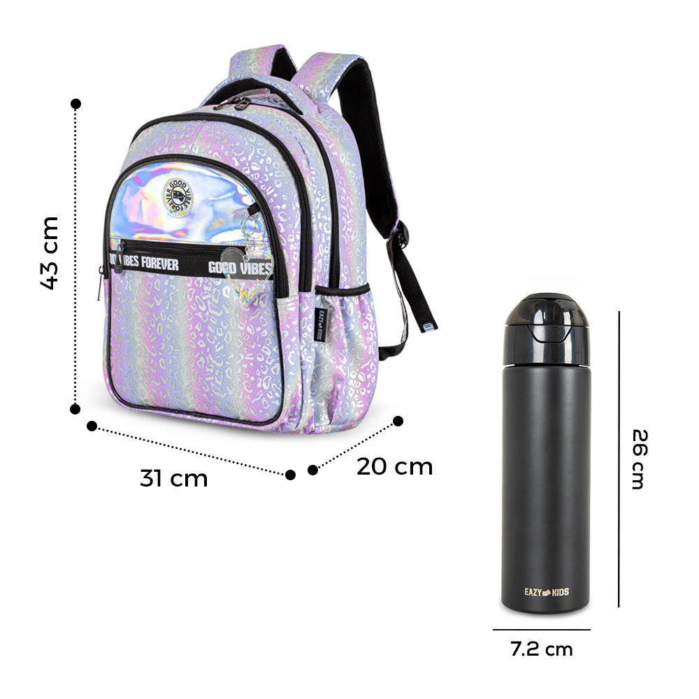 Eazy Kids Good Vibes School Bag Set w/ Insulated Spray Water Bottle – Silver