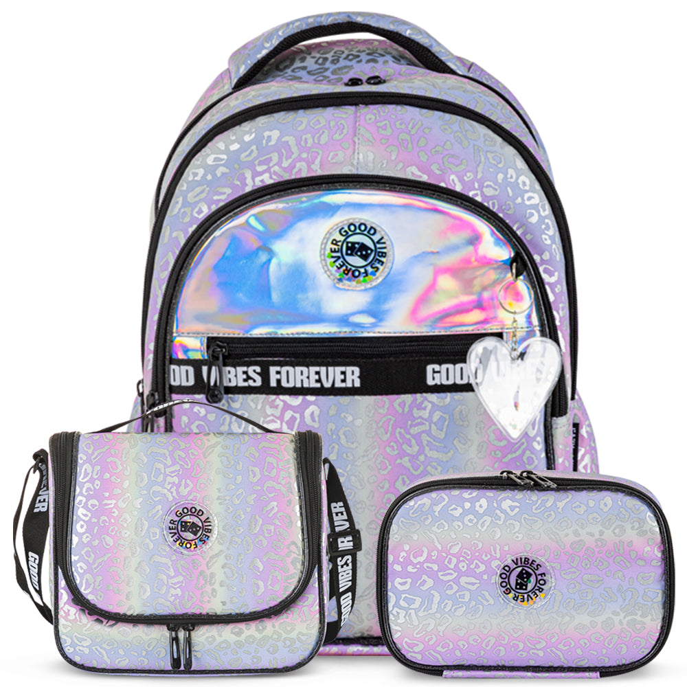 Eazy Kids Good Vibes School Bag Set w/ Insulated Spray Water Bottle – Silver