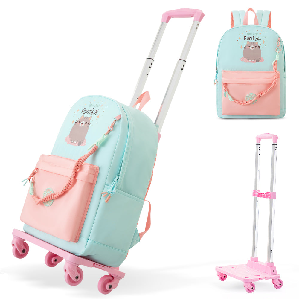 Eazy Kids 16.5” School Backpack w/ 4-Wheel Trolley–Lightweight Laptop School Bag Set, Purfect Dreams Pink
