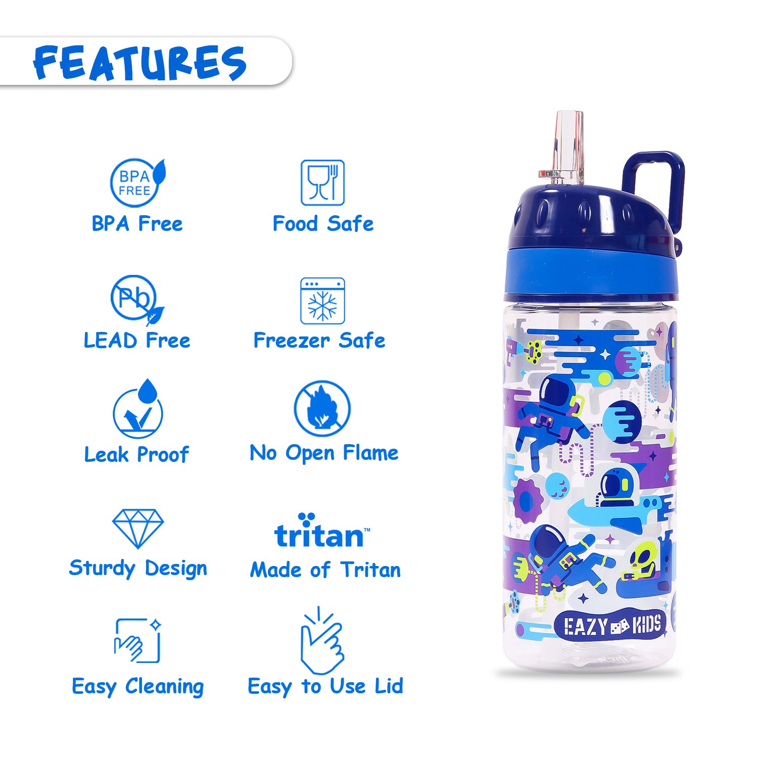 EAZY KIDS Lunch Box Set and Tritan Water Bottle w/Carry handle, Astronauts - Blue, 420ml