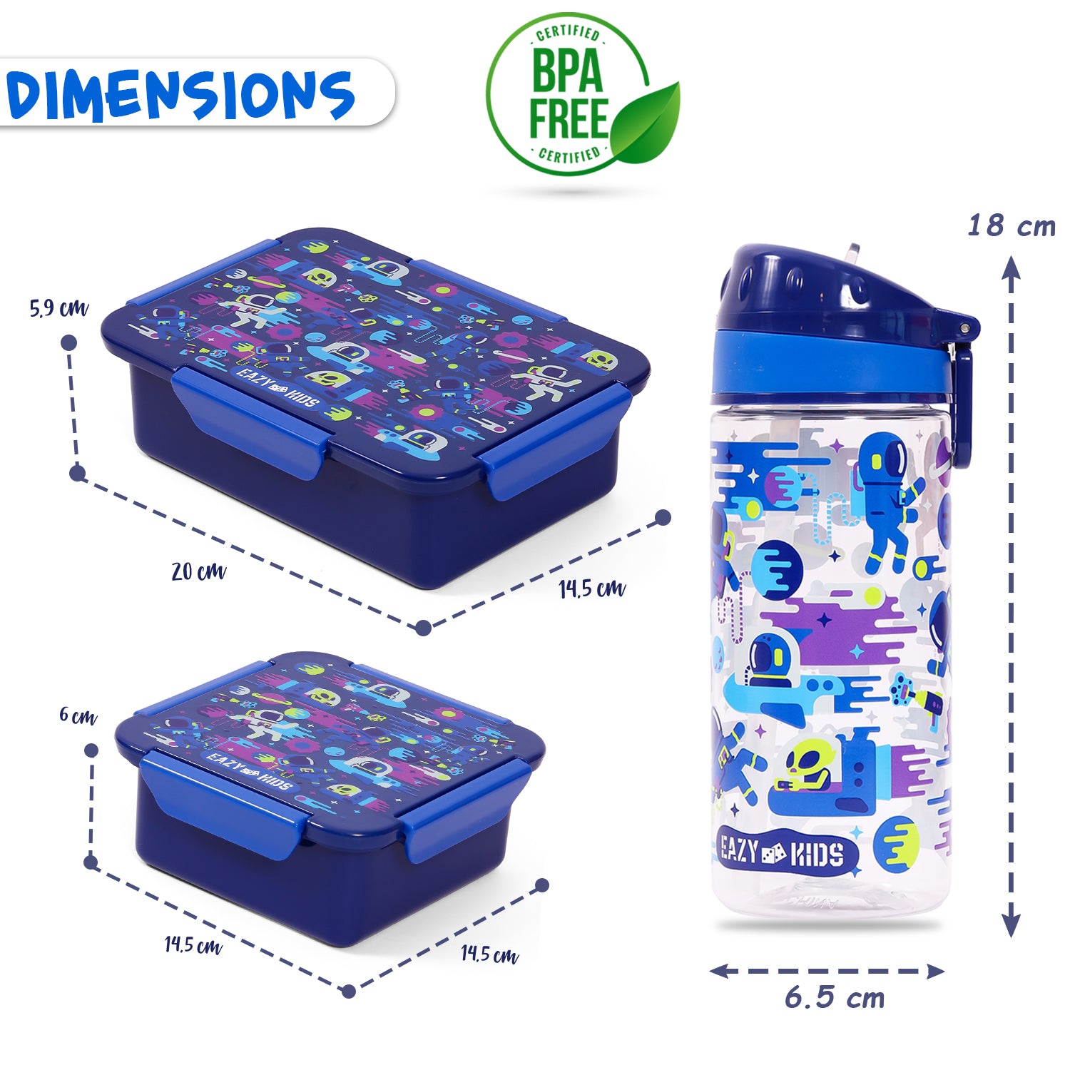 EAZY KIDS Lunch Box Set and Tritan Water Bottle w/Carry handle, Astronauts - Blue, 420ml