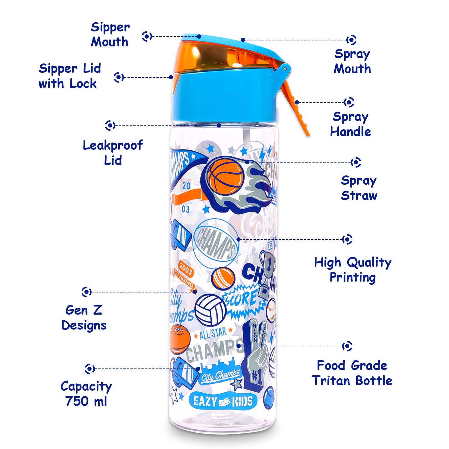 EAZY KIDS Lunch Box Set and Tritan Water Bottle w/Spray, Soccer - Blue, 750ml