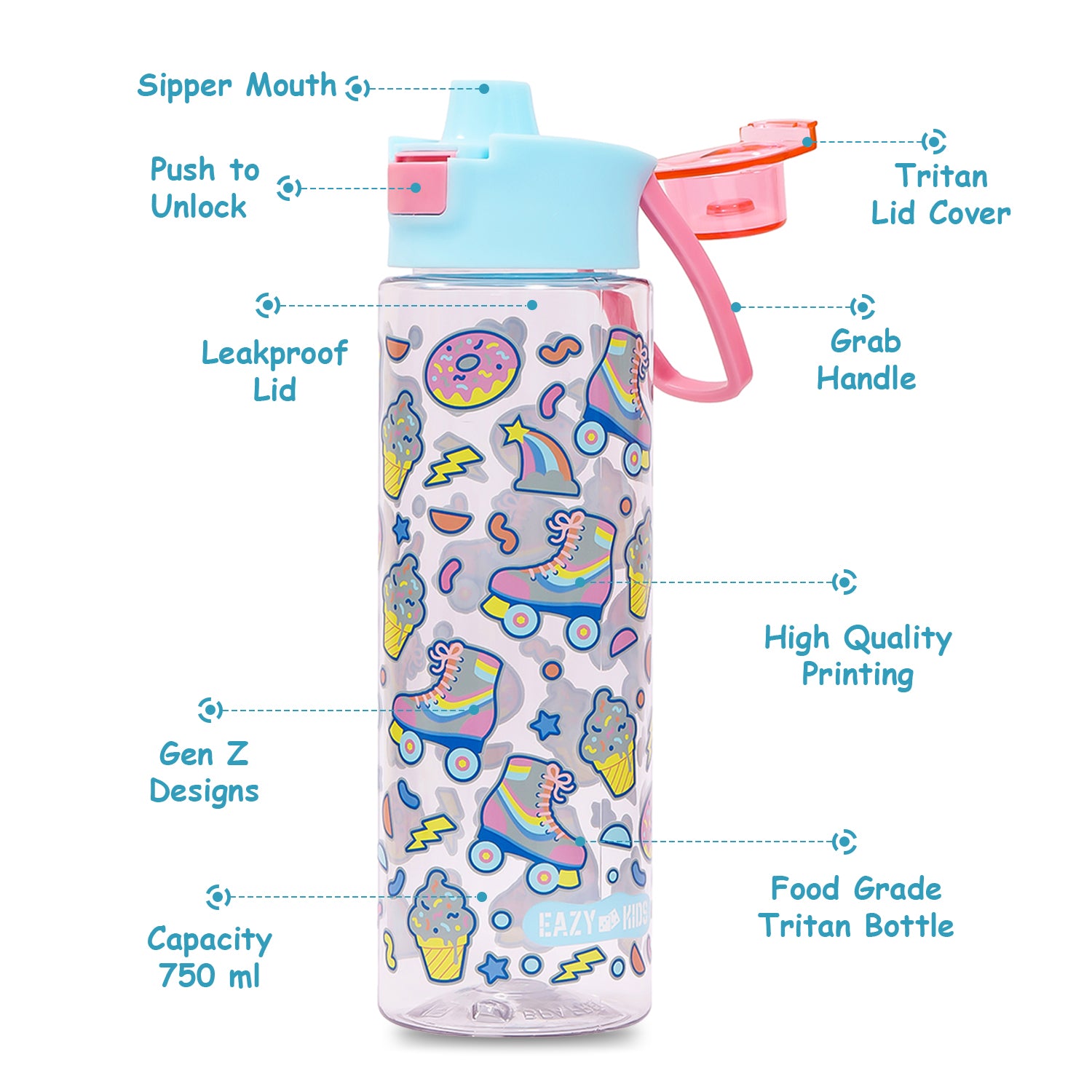 EAZY KIDS Lunch Box Set and Tritan Water Bottle w/Flip Lid, Gen Z Skater - Blue, 750ml