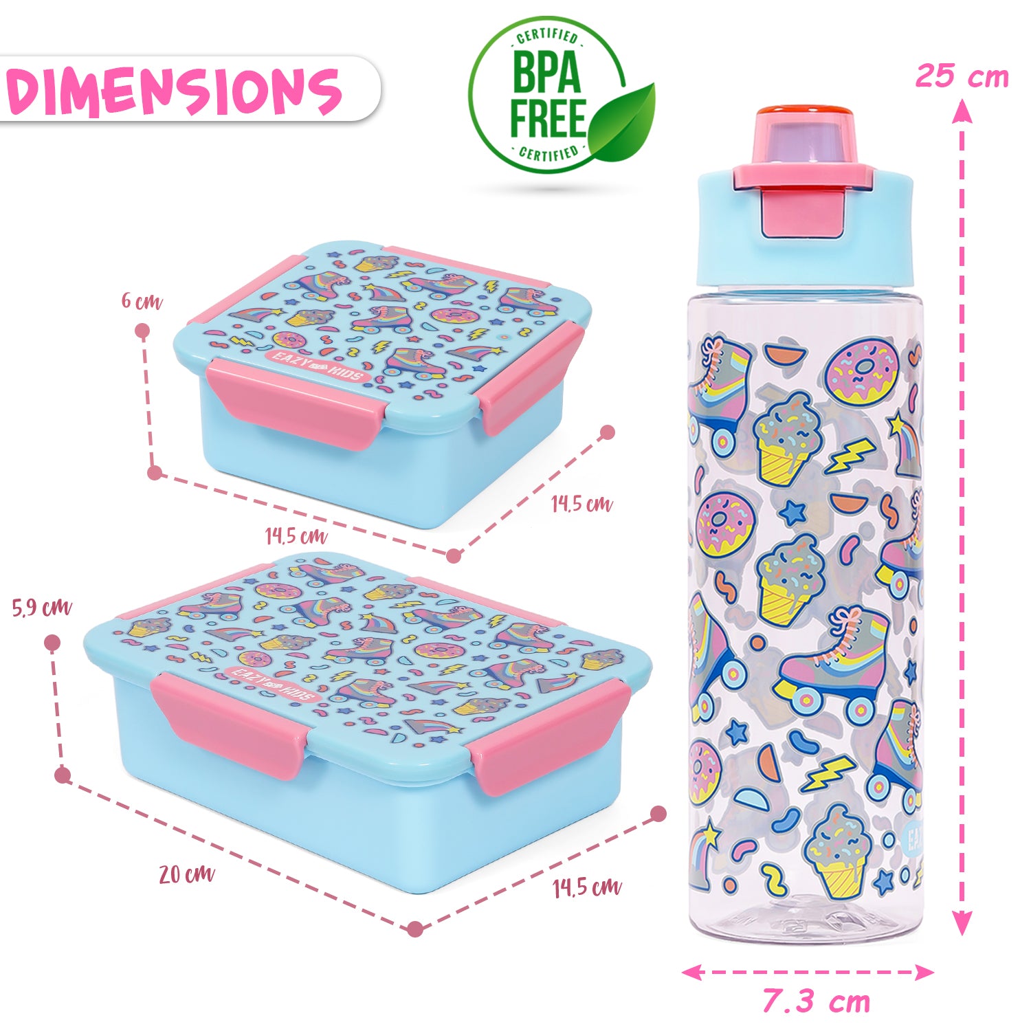 EAZY KIDS Lunch Box Set and Tritan Water Bottle w/Flip Lid, Gen Z Skater - Blue, 750ml