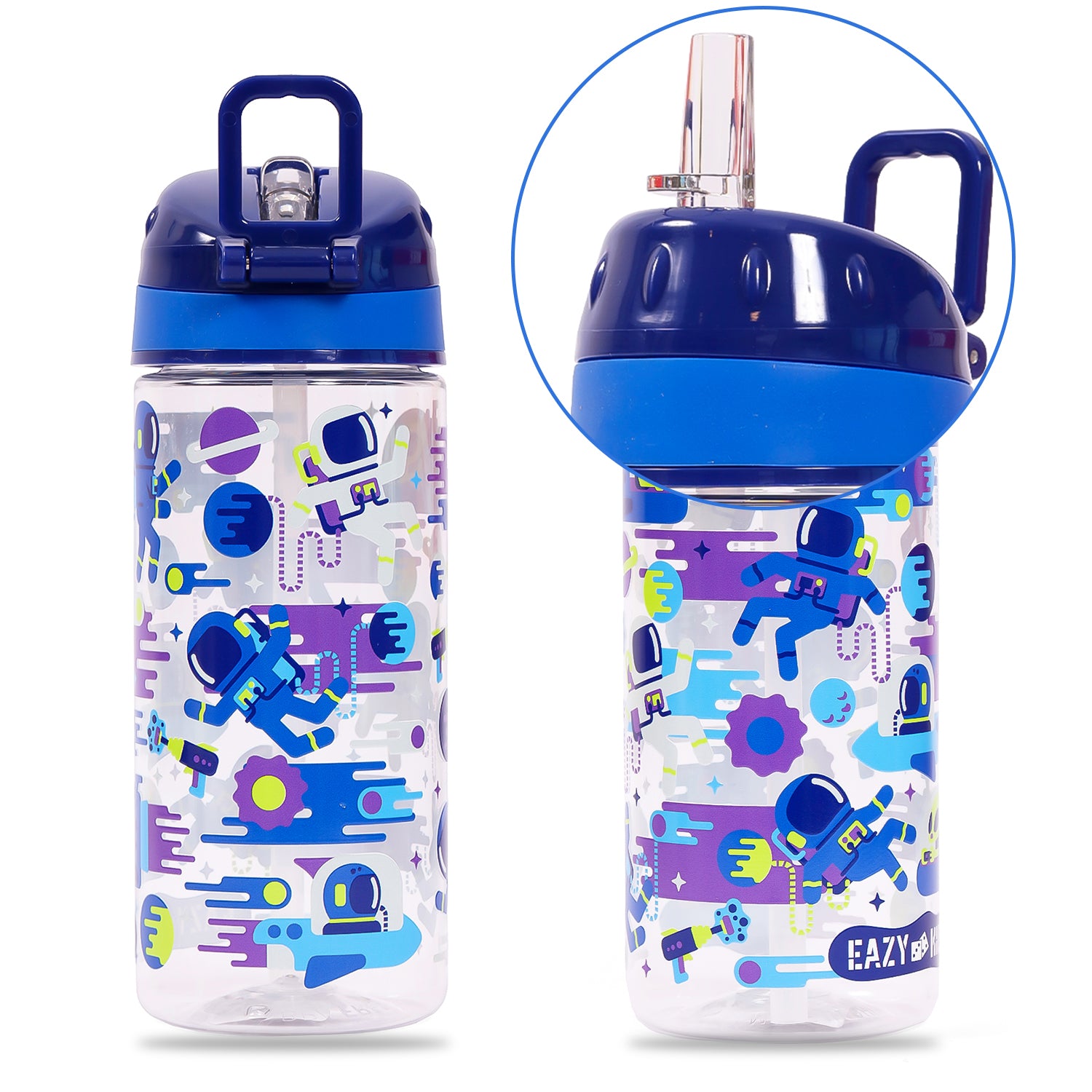 EAZY KIDS Lunch Box and Tritan Water Bottle w/Carry handle, Astronauts - Blue, 420ml