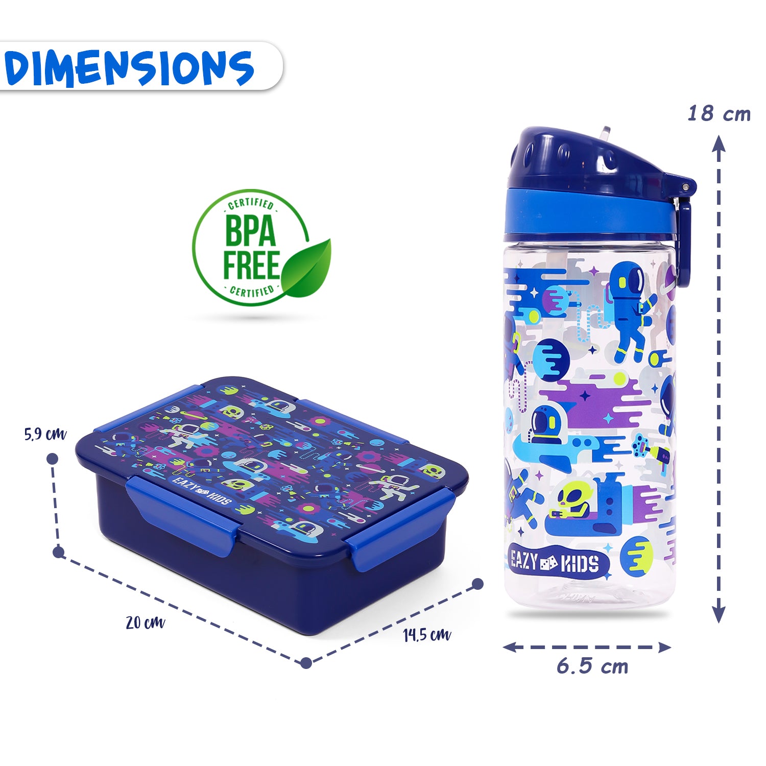 EAZY KIDS Lunch Box and Tritan Water Bottle w/Carry handle, Astronauts - Blue, 420ml