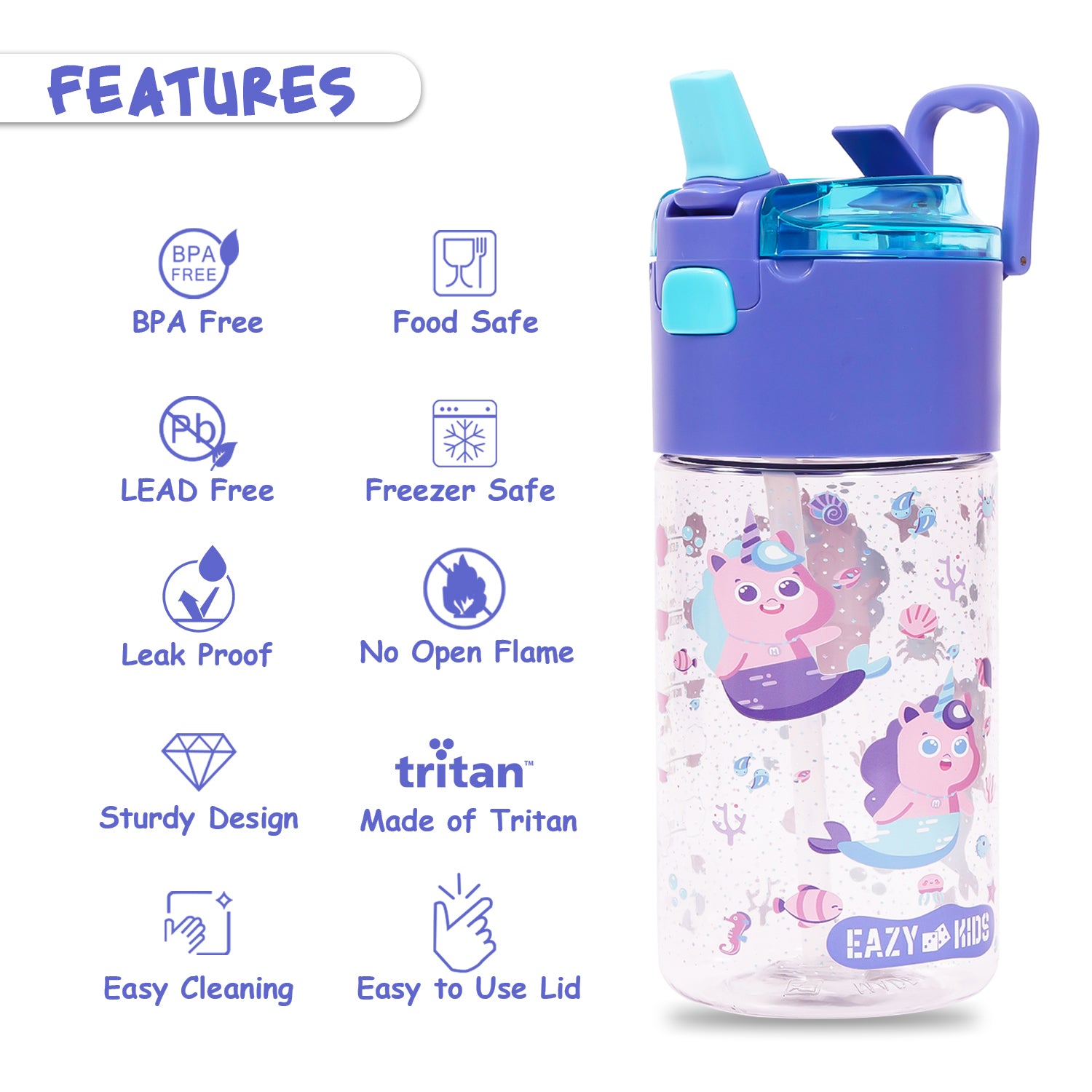 EAZY KIDS Lunch Box and Tritan Water Bottle w/Snack Box, Mermaid - Purple, 450ml