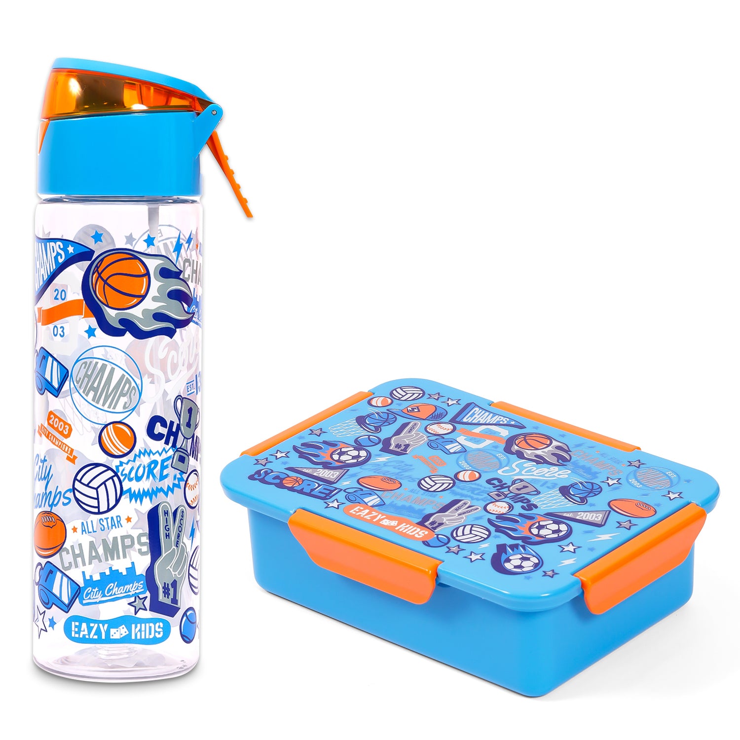 EAZY KIDS Lunch Box and Tritan Water Bottle w/Spray, Soccer - Blue, 750ml