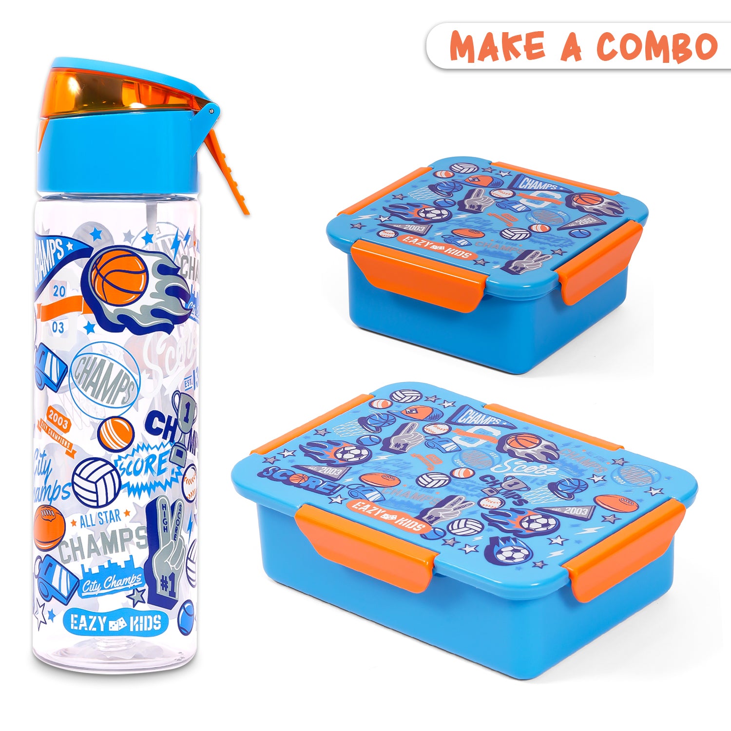 EAZY KIDS Lunch Box and Tritan Water Bottle w/Spray, Soccer - Blue, 750ml