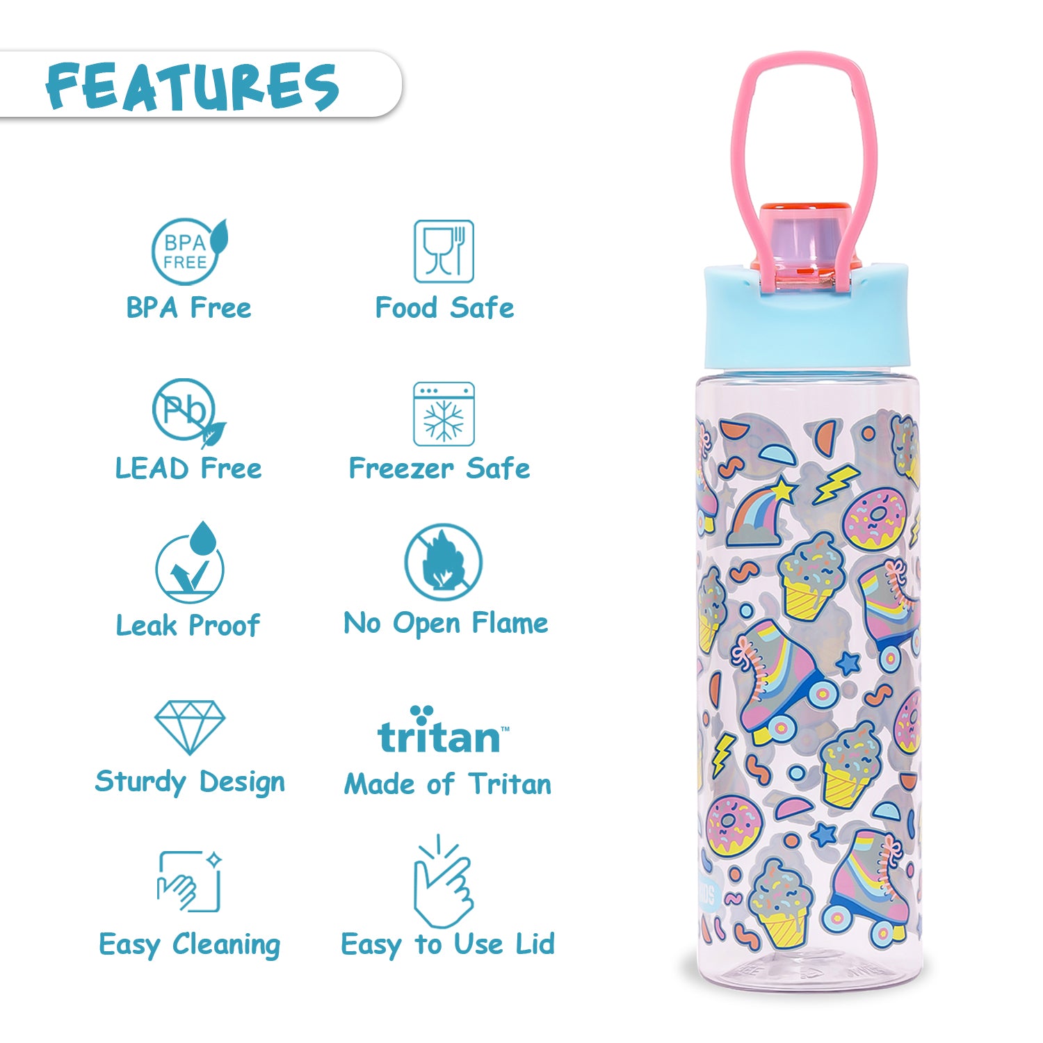 EAZY KIDS Lunch Box and Tritan Water Bottle w/Flip Lid, Gen Z Skater - Blue, 750ml