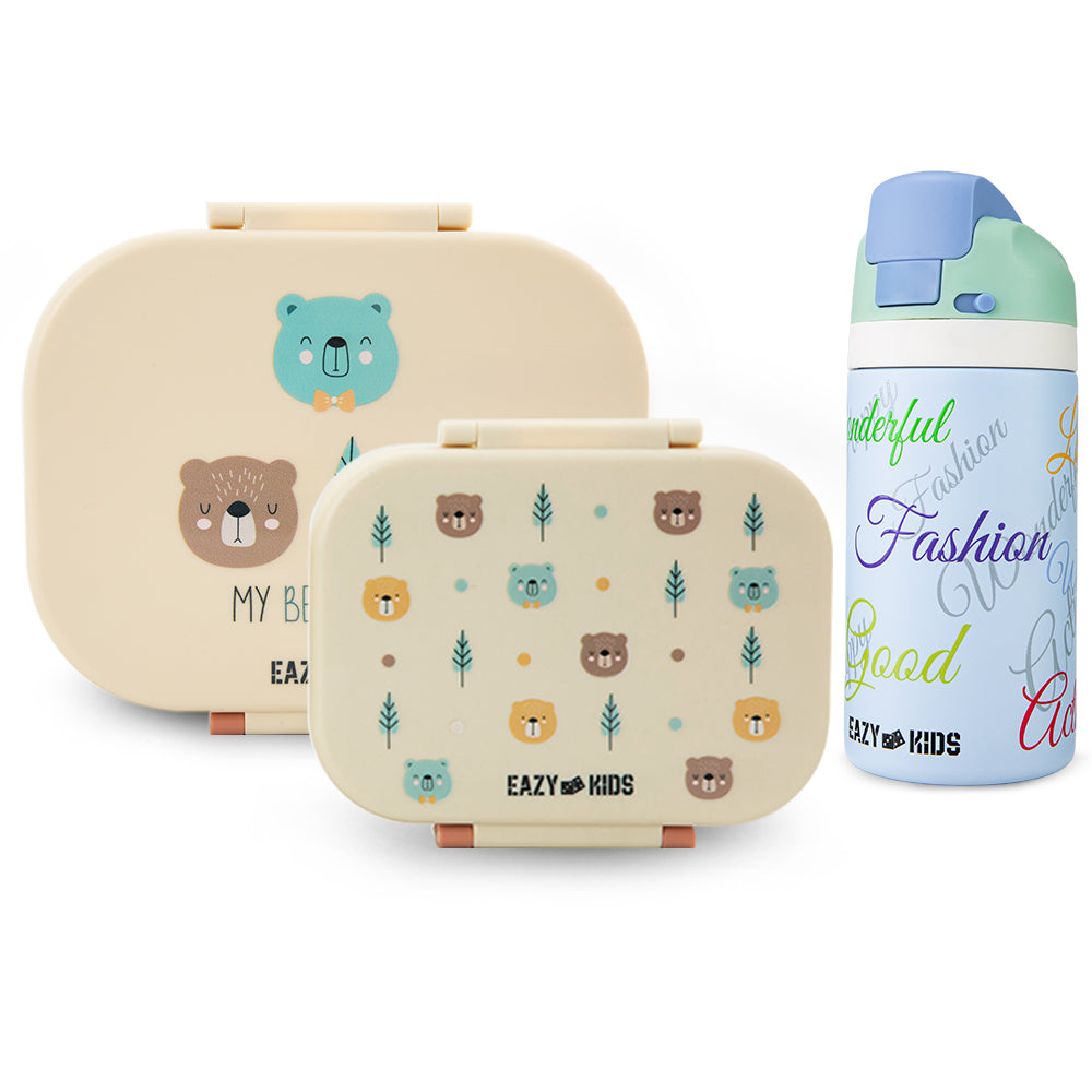 Eazy Kids Bento Lunch Box Set of 2 w/ Stainless Steel Water Bottle 445ml – Ivory
