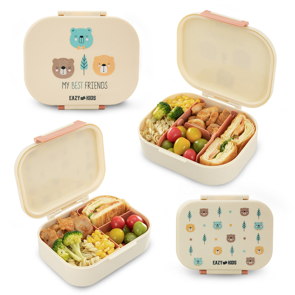 Eazy Kids Bento Lunch Box Set of 2 w/ Stainless Steel Water Bottle 445ml – Ivory