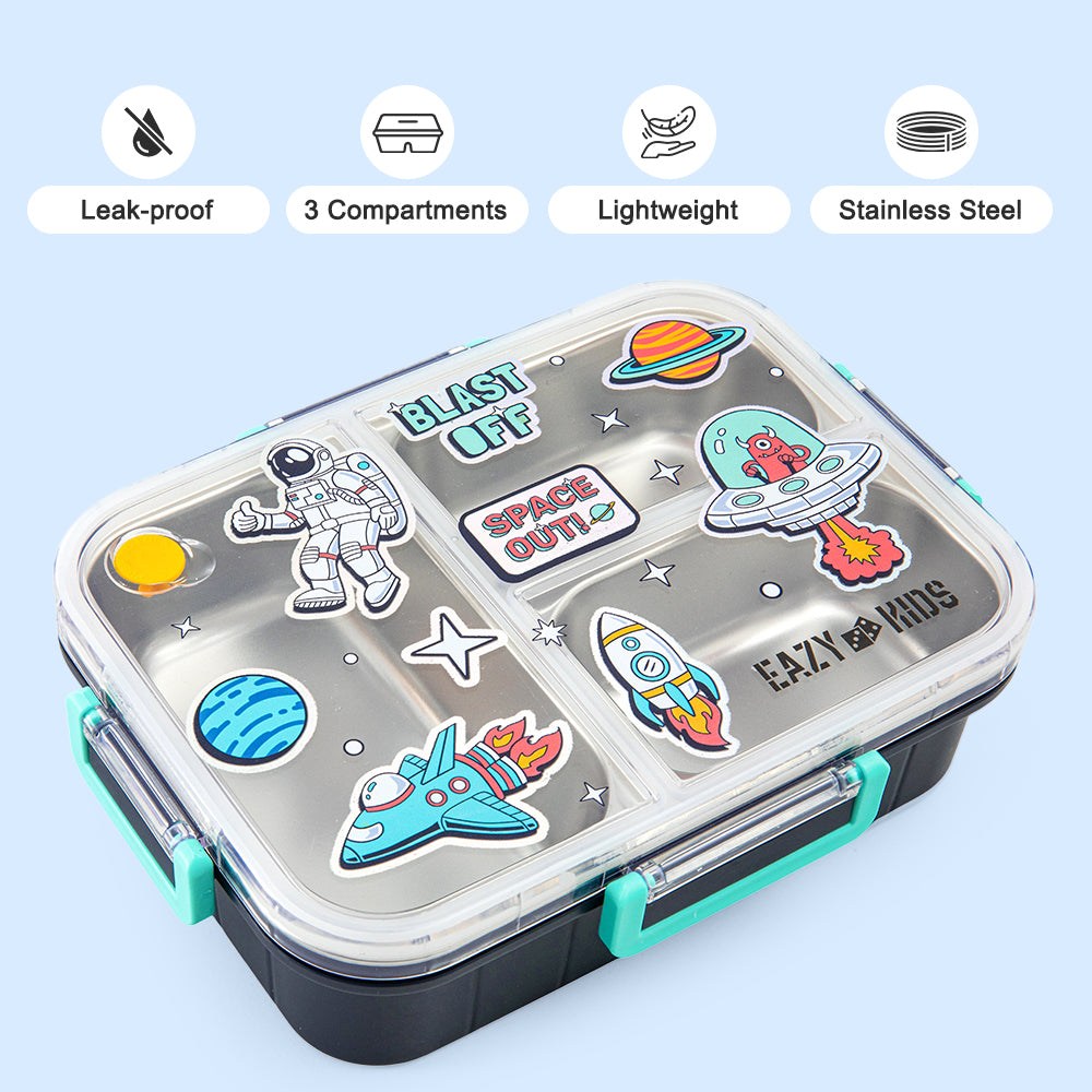 Eazy Kids Stainless Steel Bento Lunch Box w/ Tritan Water Bottle 850ml – Space Out