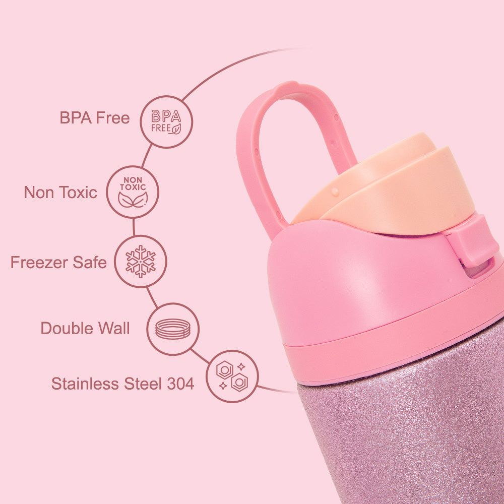 Eazy Kids Glitter Stainless Steel Water Bottle 720ml w/ Convertible Bento Lunch Box – Glitter Pink
