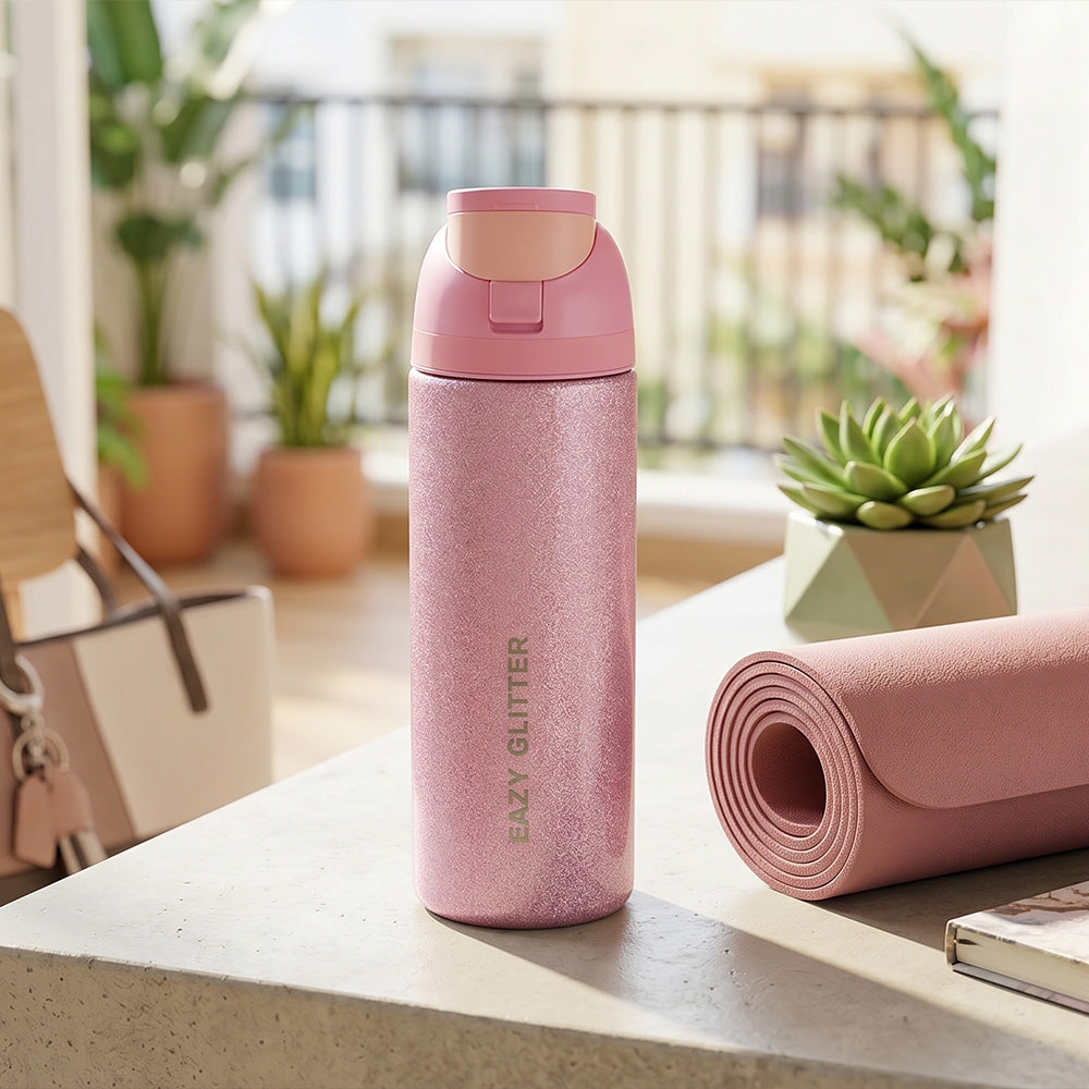 Eazy Kids Glitter Stainless Steel Water Bottle 720ml w/ Convertible Bento Lunch Box – Glitter Pink