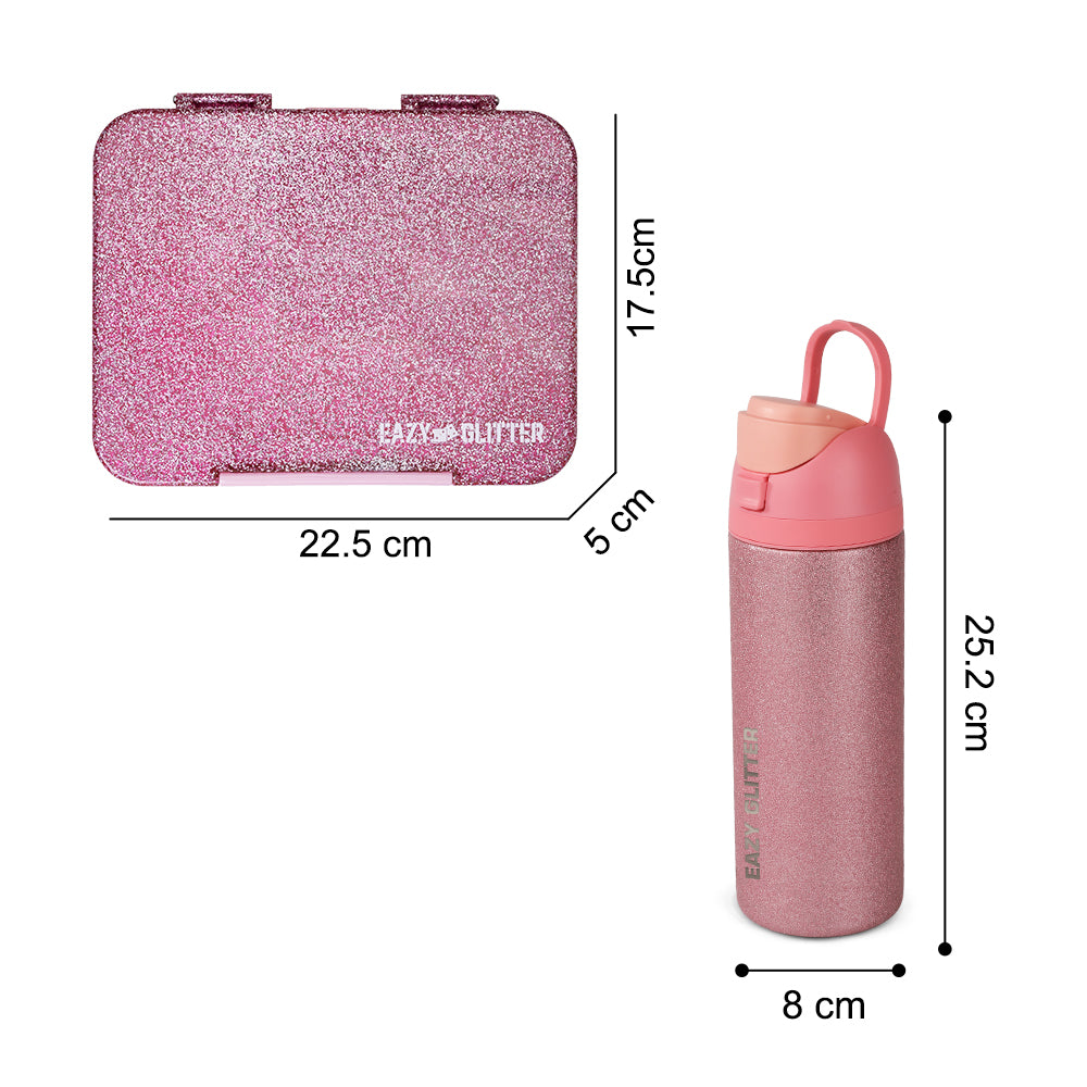 Eazy Kids Glitter Stainless Steel Water Bottle 720ml w/ Convertible Bento Lunch Box – Glitter Pink