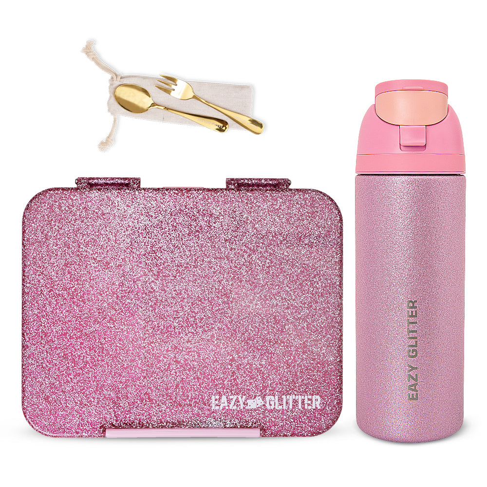 Eazy Kids Glitter Stainless Steel Water Bottle 720ml w/ Convertible Bento Lunch Box – Glitter Pink