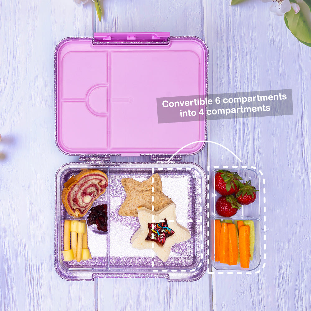 Eazy Kids Convertible Bento Lunch Box w/ Glitter Stainless Steel Water Bottle 720ml – Glitter Purple