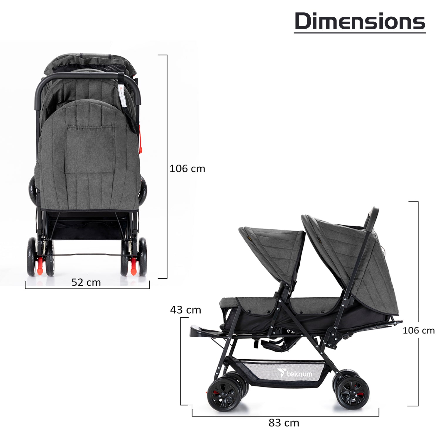 TEKNUM Twin Baby Stroller Combo - Dark Grey