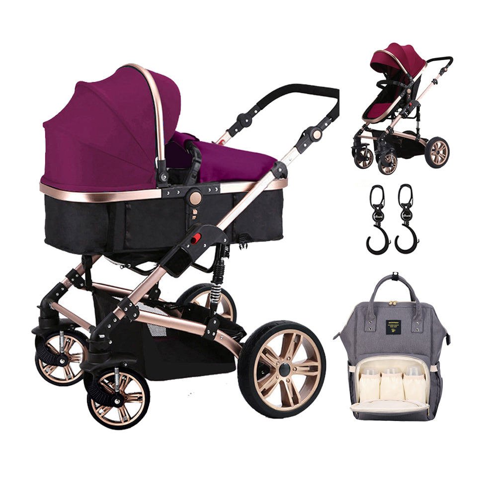 TEKNUM 3 in 1 Pram Stroller - Wine + SUNVENO Diaper Bag Grey + Hooks