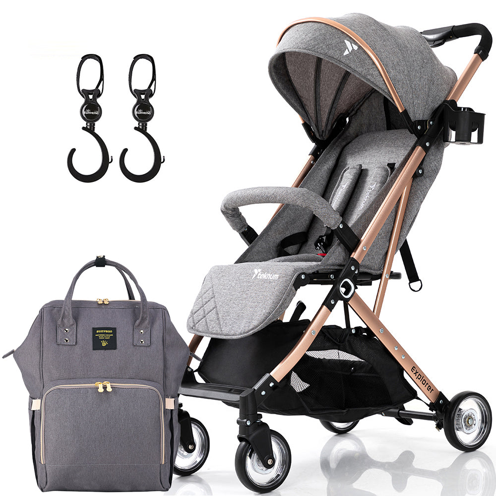 TEKNUM Explorer Travel Stroller w/t Diaper Bag & Stroller Hooks - Grey