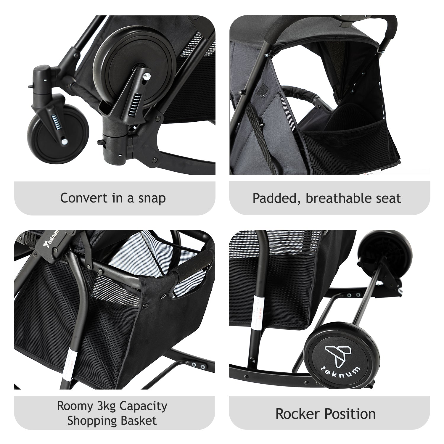 TEKNUM Stroller with Rocker w/Red Diaper tote Bag- Black