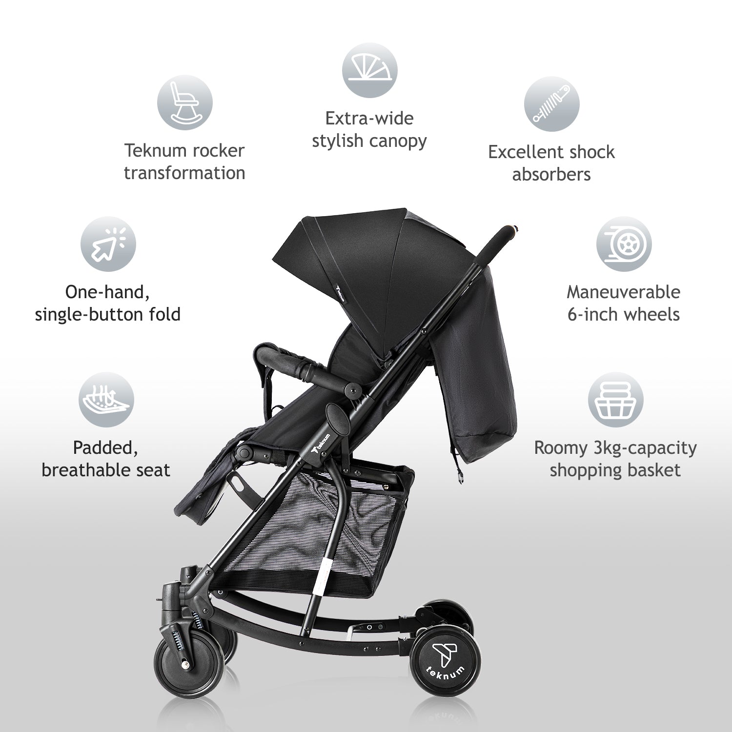 TEKNUM Stroller with Rocker w/Red Diaper tote Bag- Black