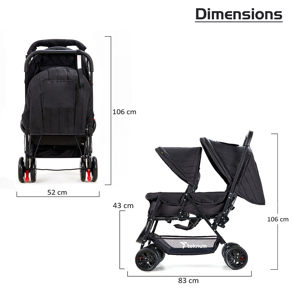 TEKNUM Double Baby Stroller with Hooks - Black