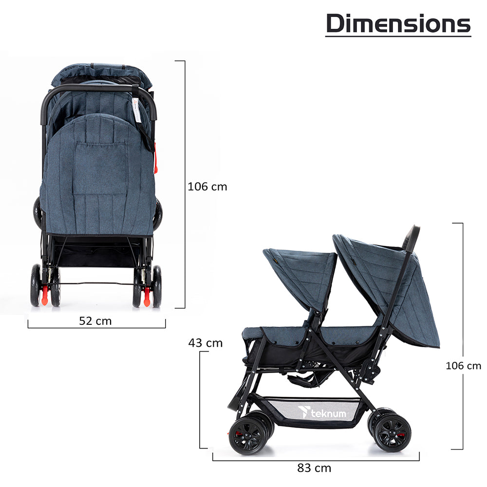 TEKNUM Double Baby Stroller with Hooks - Grey