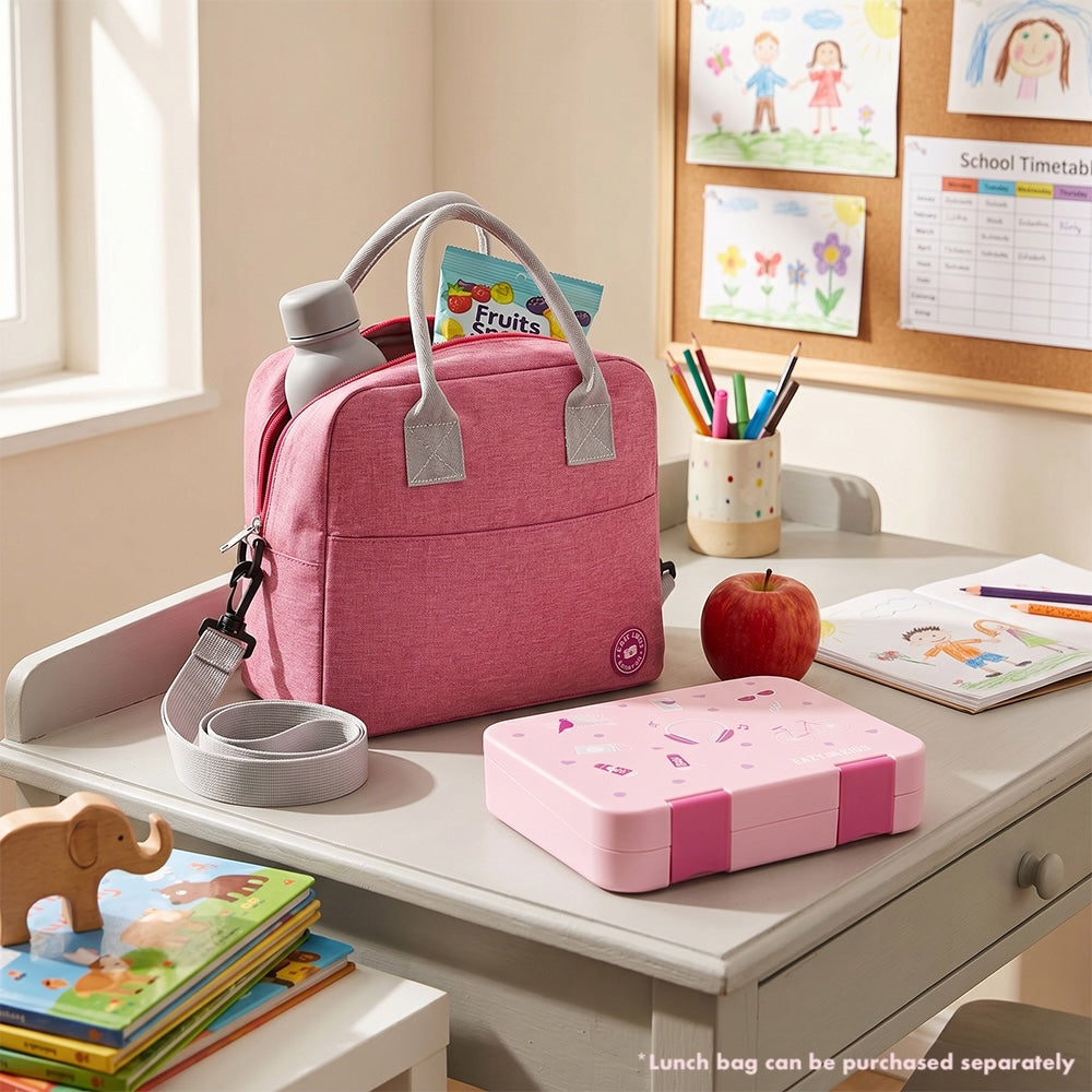 Eazy Kids 6 & 4 Convertible Bento Lunch Box w/Steel Spoon & Fork Set - Life Pink