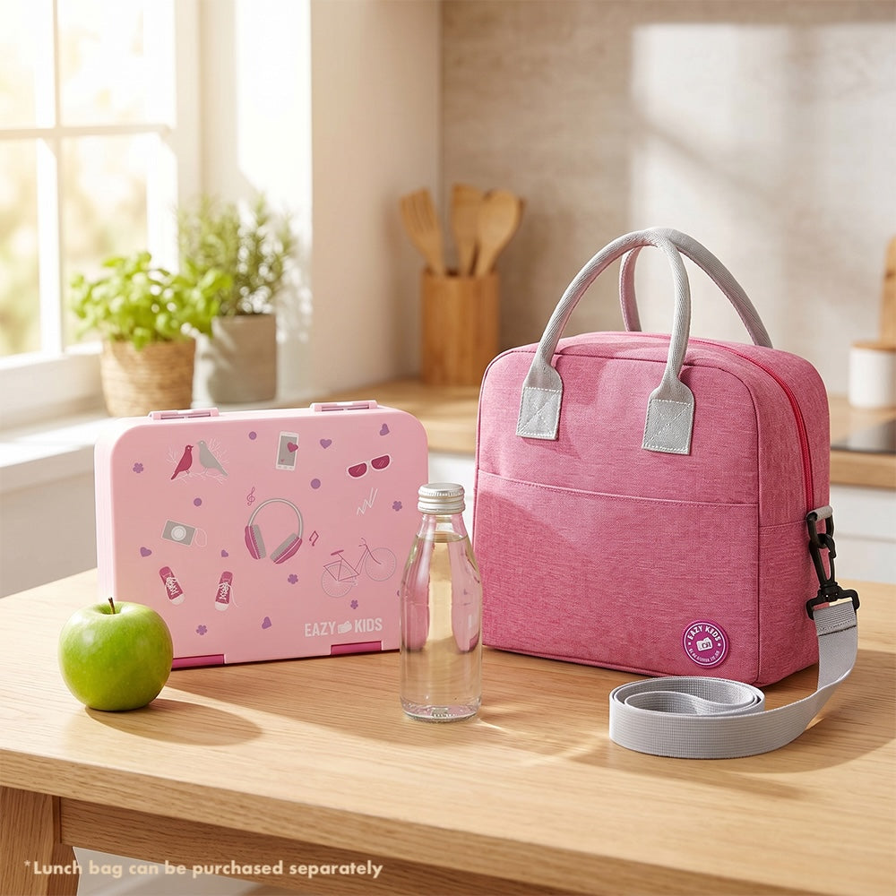 Eazy Kids Personalized 6 & 4 Convertible Bento Lunch Box w/Steel Spoon & Fork Set - Life Pink