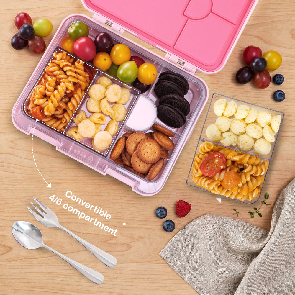 Eazy Kids 6 & 4 Convertible Bento Lunch Box w/Steel Spoon & Fork Set - Life Pink