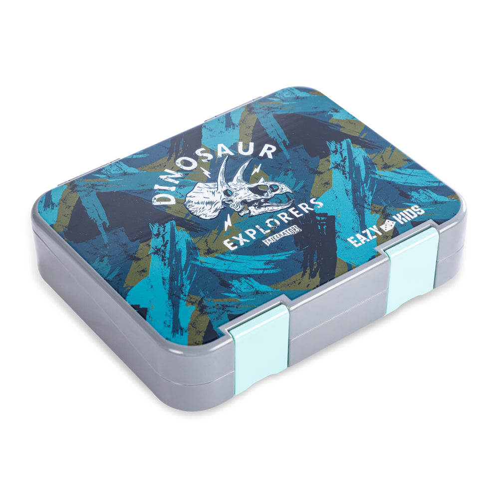 EAZY KIDS 6 & 4 Convertible Bento Lunch Box w/Steel Spoon & Fork Set and Alphabets Sticker - T-Rex Grey