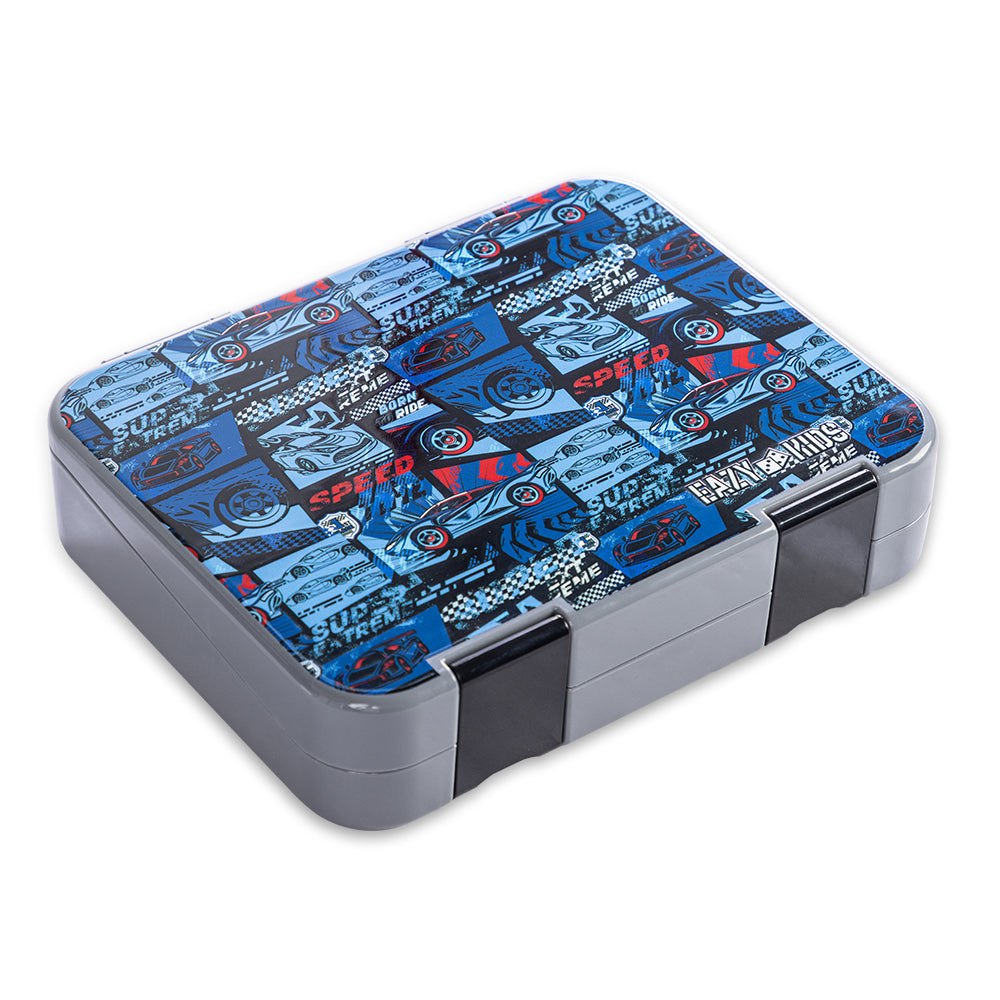 EAZY KIDS 6 & 4 Convertible Bento Lunch Box w/Steel Spoon & Fork Set and Alphabets Sticker - Car Racing Blue