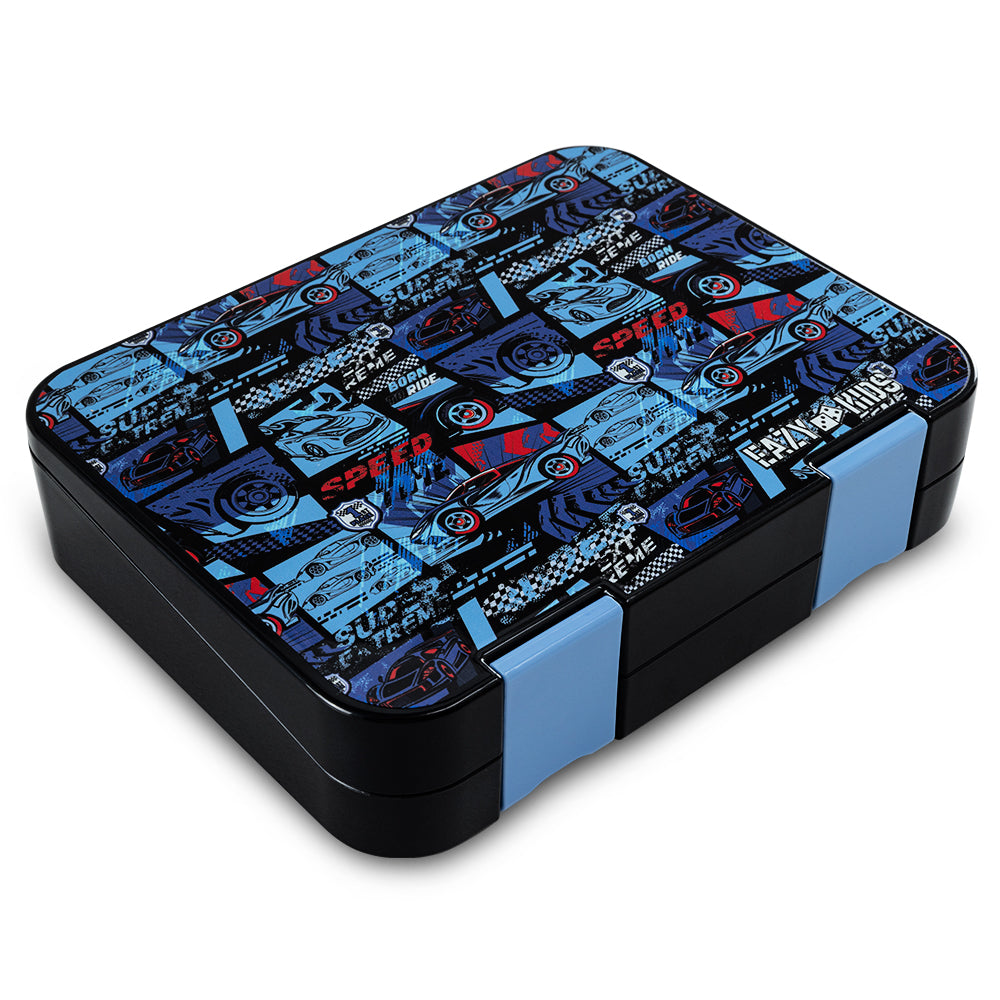 EAZY KIDS Personalized 6 & 4 Convertible Bento Lunch Box w/Steel Spoon & Fork Set and Alphabets Sticker - Car Racing Blue (Copy)