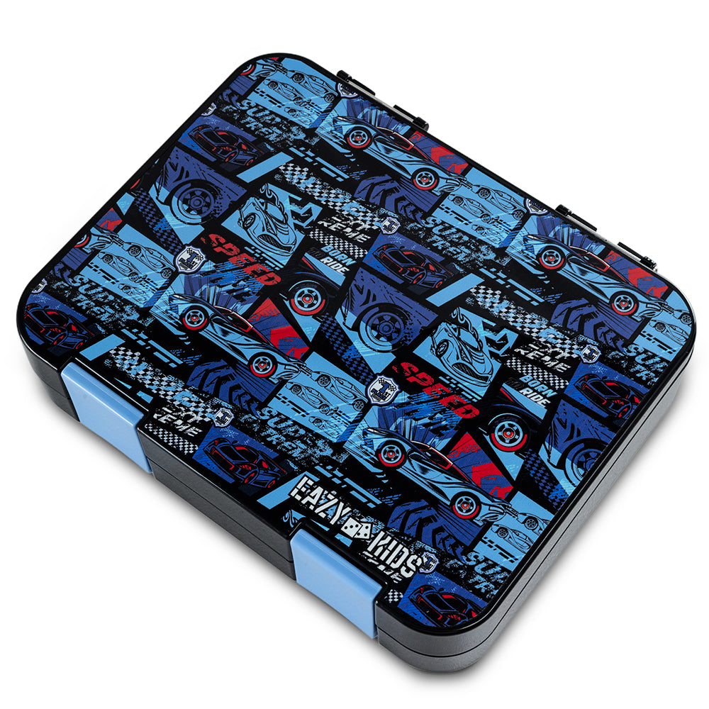 EAZY KIDS Personalized 6 & 4 Convertible Bento Lunch Box w/Steel Spoon & Fork Set and Alphabets Sticker - Car Racing Blue (Copy)
