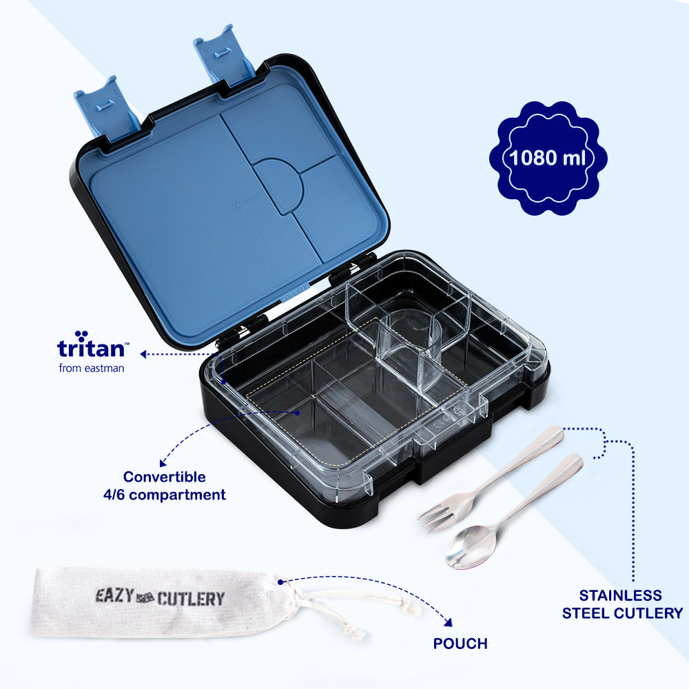 EAZY KIDS Personalized 6 & 4 Convertible Bento Lunch Box w/Steel Spoon & Fork Set and Alphabets Sticker - Car Racing Blue (Copy)