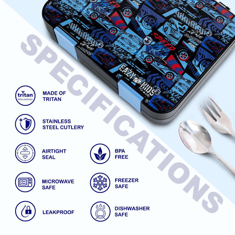 EAZY KIDS Personalized 6 & 4 Convertible Bento Lunch Box w/Steel Spoon & Fork Set and Alphabets Sticker - Car Racing Blue (Copy)