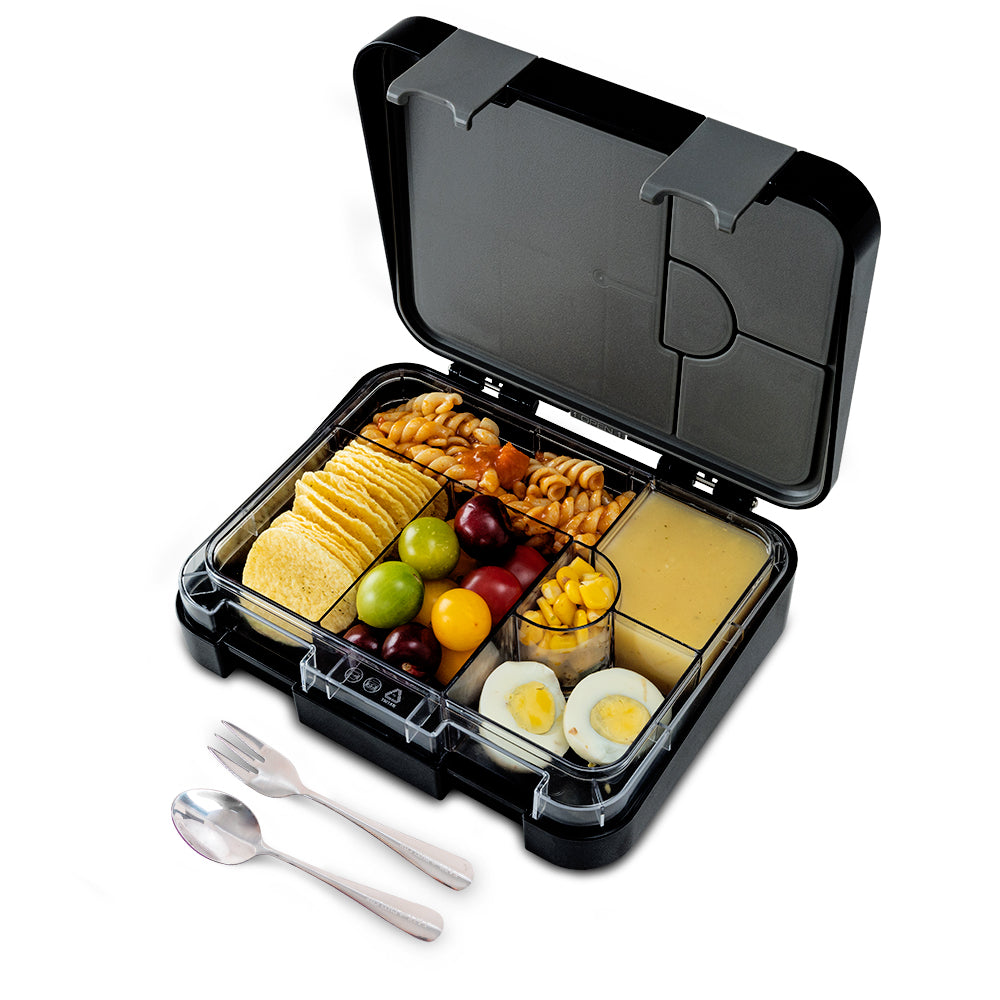 Eazy Kids Personalized 6 & 4 Convertible Bento Lunch Box w/Steel Spoon & Fork Set - Football Black