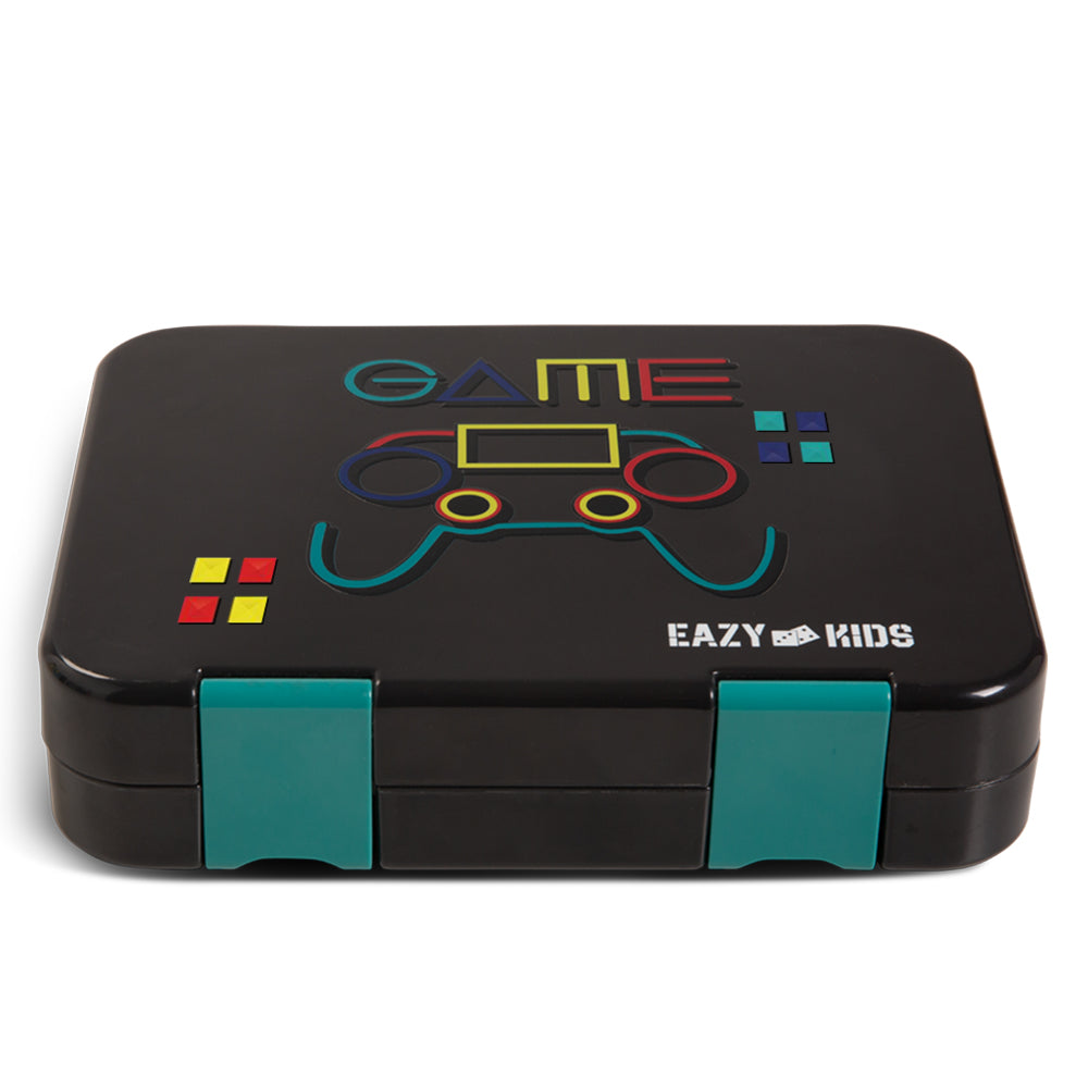 EAZY KIDS 6 & 4 Convertible Bento Lunch Box w/Steel Spoon & Fork Set and Alphabets Sticker - Gamer