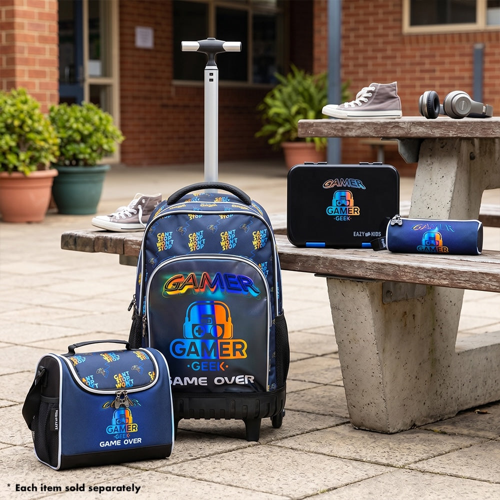 Eazy Kids Personalized 6 & 4 Convertible Bento Lunch Box w/Steel Spoon & Fork Set - Gamer Black