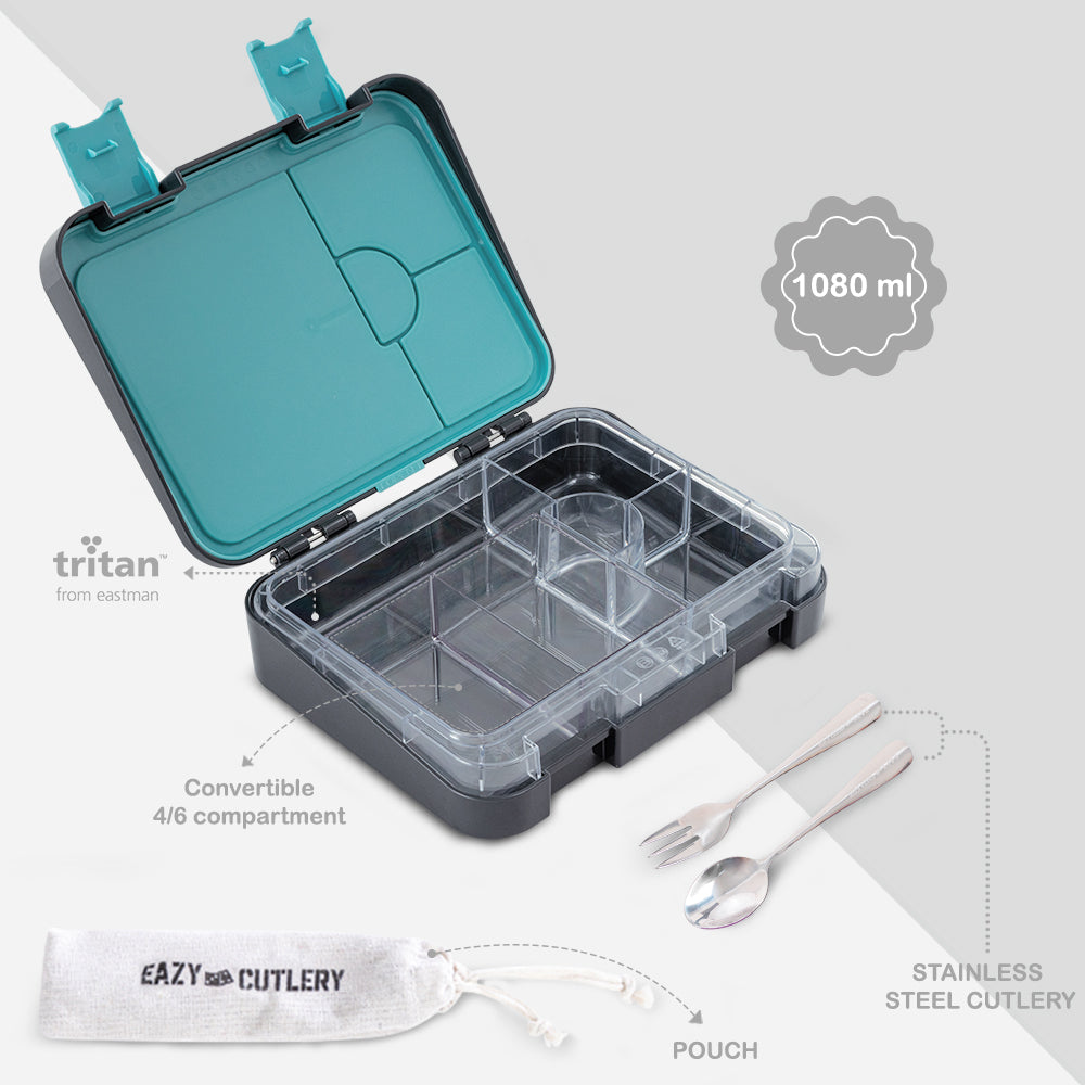 Eazy Kids 6 & 4 Convertible Bento Lunch Box w/Steel Spoon & Fork Set - Game ON Grey