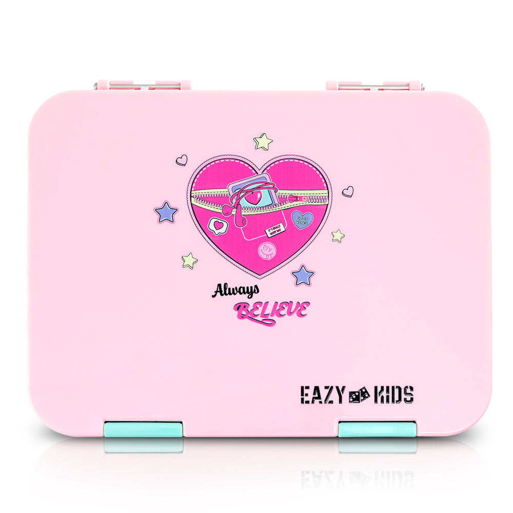 Eazy Kids 6 & 4 Convertible Bento Lunch Box w/Steel Spoon & Fork Set - Always Believe Pink