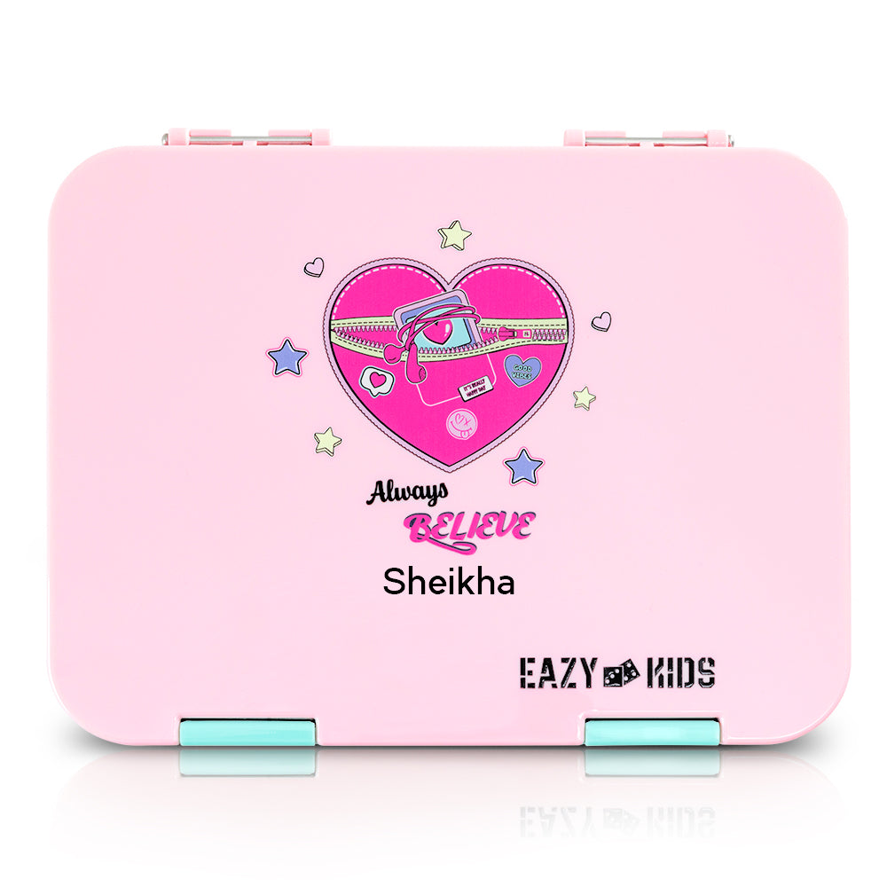 Eazy Kids Personalized 6 & 4 Convertible Bento Lunch Box w/Steel Spoon & Fork Set - Always Believe Pink