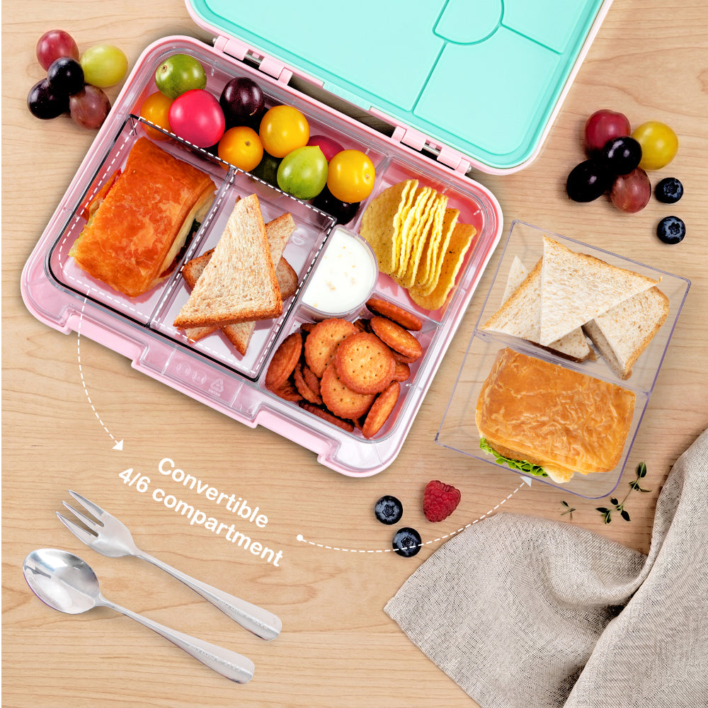 Eazy Kids Personalized 6 & 4 Convertible Bento Lunch Box w/Steel Spoon & Fork Set - Always Believe Pink