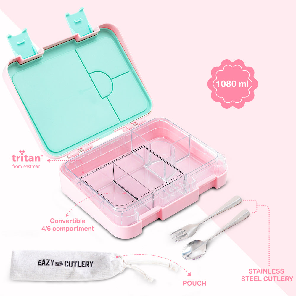 Eazy Kids Personalized 6 & 4 Convertible Bento Lunch Box w/Steel Spoon & Fork Set - Always Believe Pink