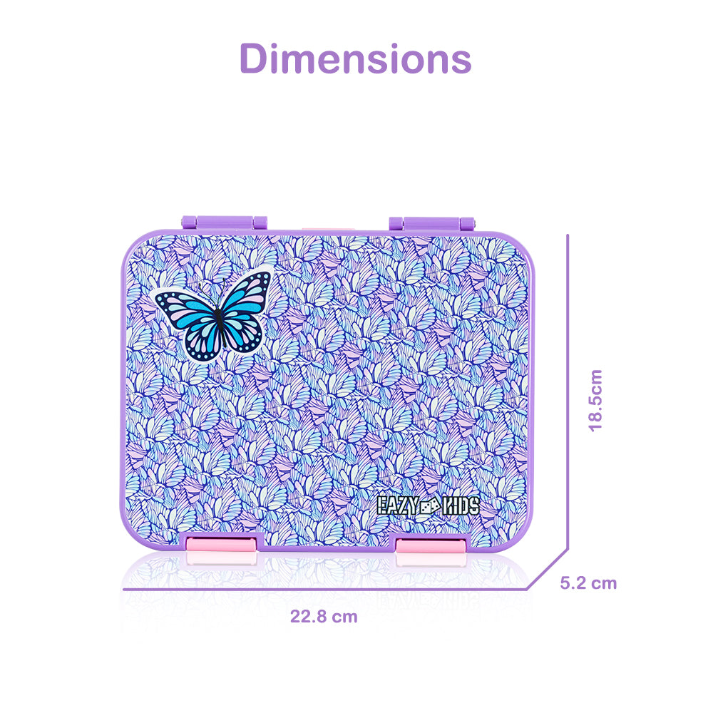 EAZY KIDS 6 & 4 Convertible Bento Lunch Box w/Steel Spoon & Fork Set and Alphabets Sticker - Butterfly Purple